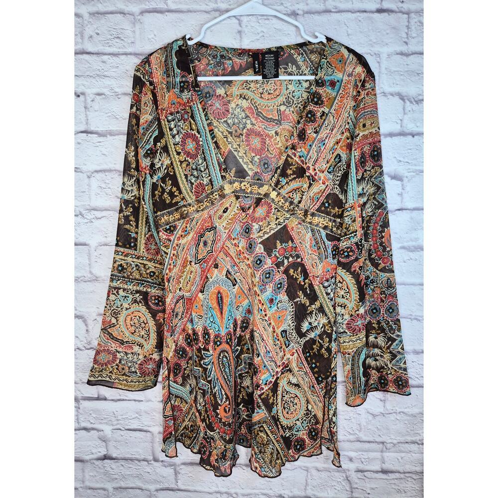 VTG Mixit Y2K Paisley Chiffon Tunic Top M Beaded Semi Sheer Fairycore Boho Slit